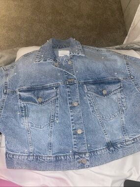 Light Denim Jean Jacket with Pearl Accents